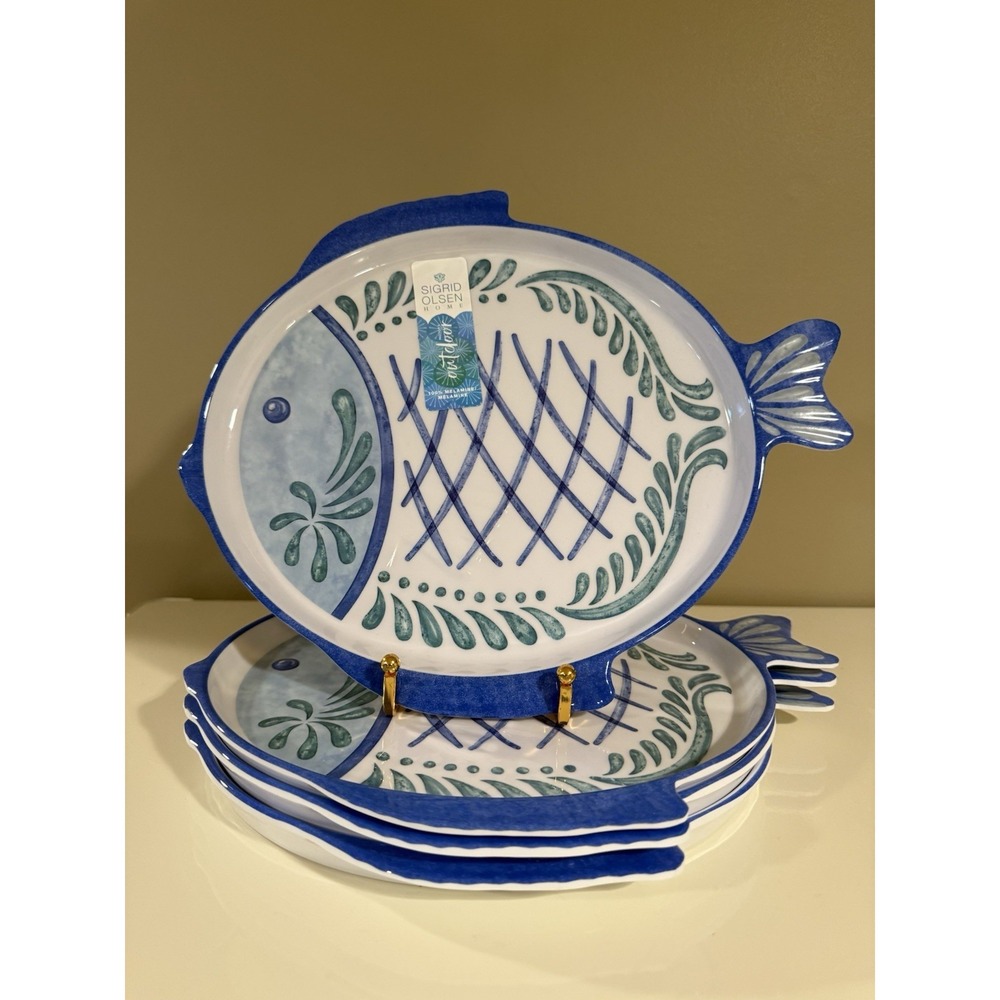 Sigrid Olsen Blue Fish Shaped MELAMINE Dinner Plates Set Of 4